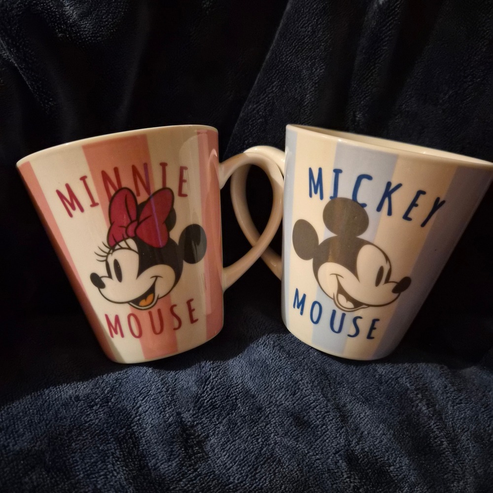 Disney Mickey Minnie Mouse Mug Set MINISO Life Pink Blue Striped Ceramic Cups